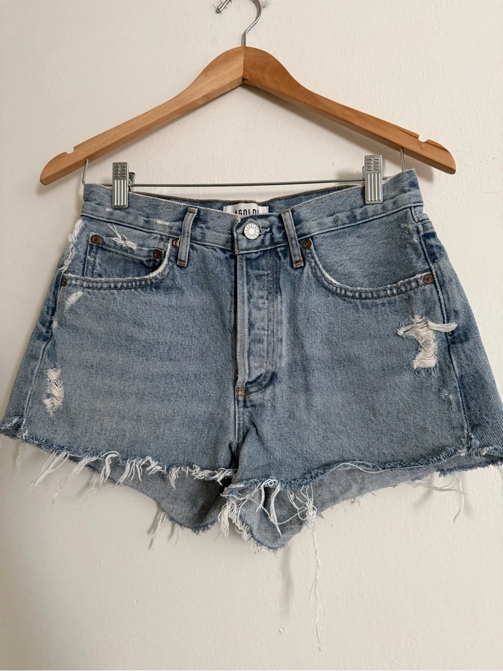 Agolde Light Blue Distressed Denim Shorts